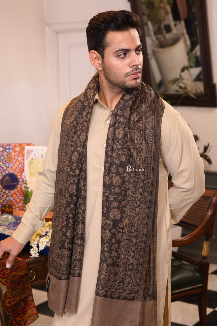 Pashtush India Mens Scarves Stoles and Mufflers Pashtush Mens Extra Fine Wool Stole, Twilight Collection Check Design, Taupe