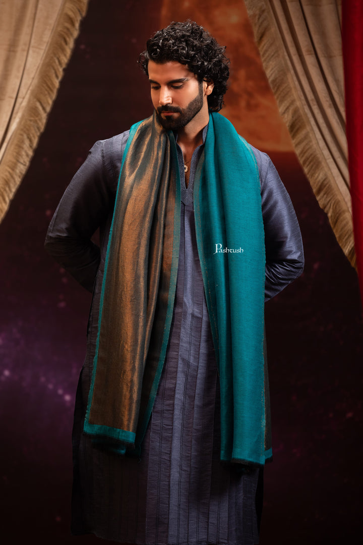 Pashtush India Mens Scarves Stoles and Mufflers Pashtush Mens Extra Fine Wool Stole, Twilight Design, Aqua Blue