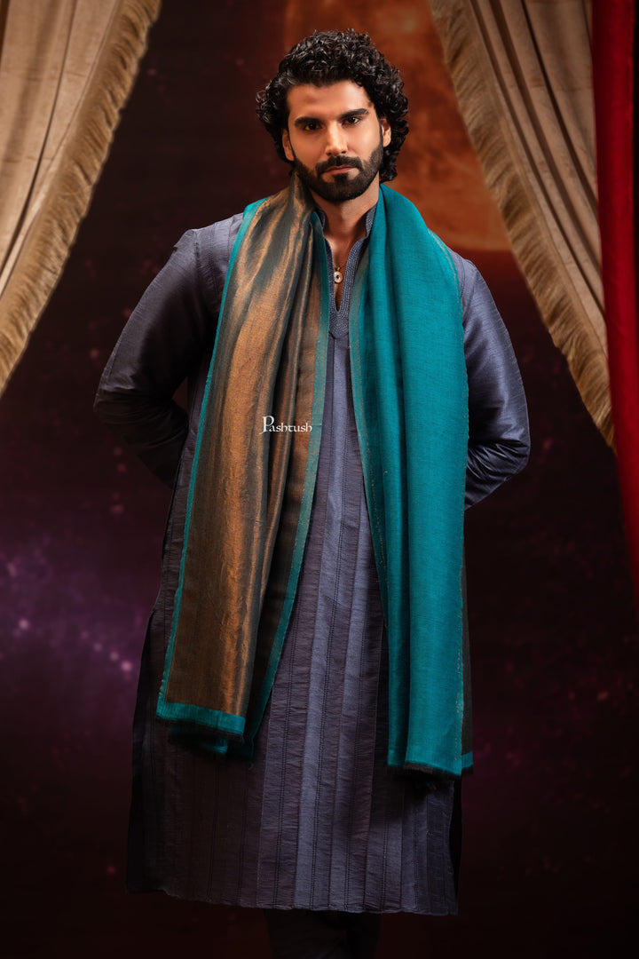 Pashtush India Mens Scarves Stoles and Mufflers Pashtush Mens Extra Fine Wool Stole, Twilight Design, Aqua Blue