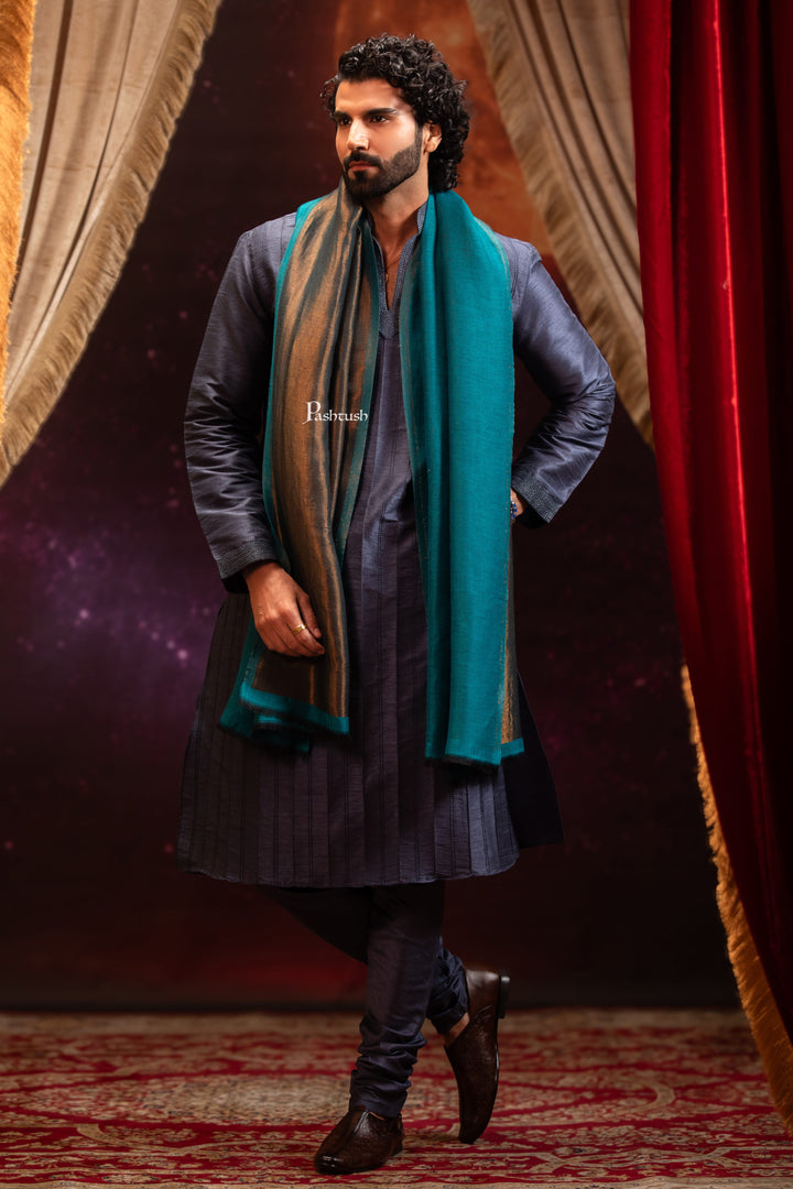 Pashtush India Mens Scarves Stoles and Mufflers Pashtush Mens Extra Fine Wool Stole, Twilight Design, Aqua Blue