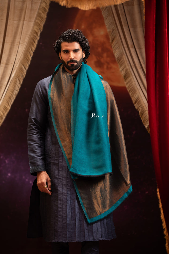 Pashtush India Mens Scarves Stoles and Mufflers Pashtush Mens Extra Fine Wool Stole, Twilight Design, Aqua Blue