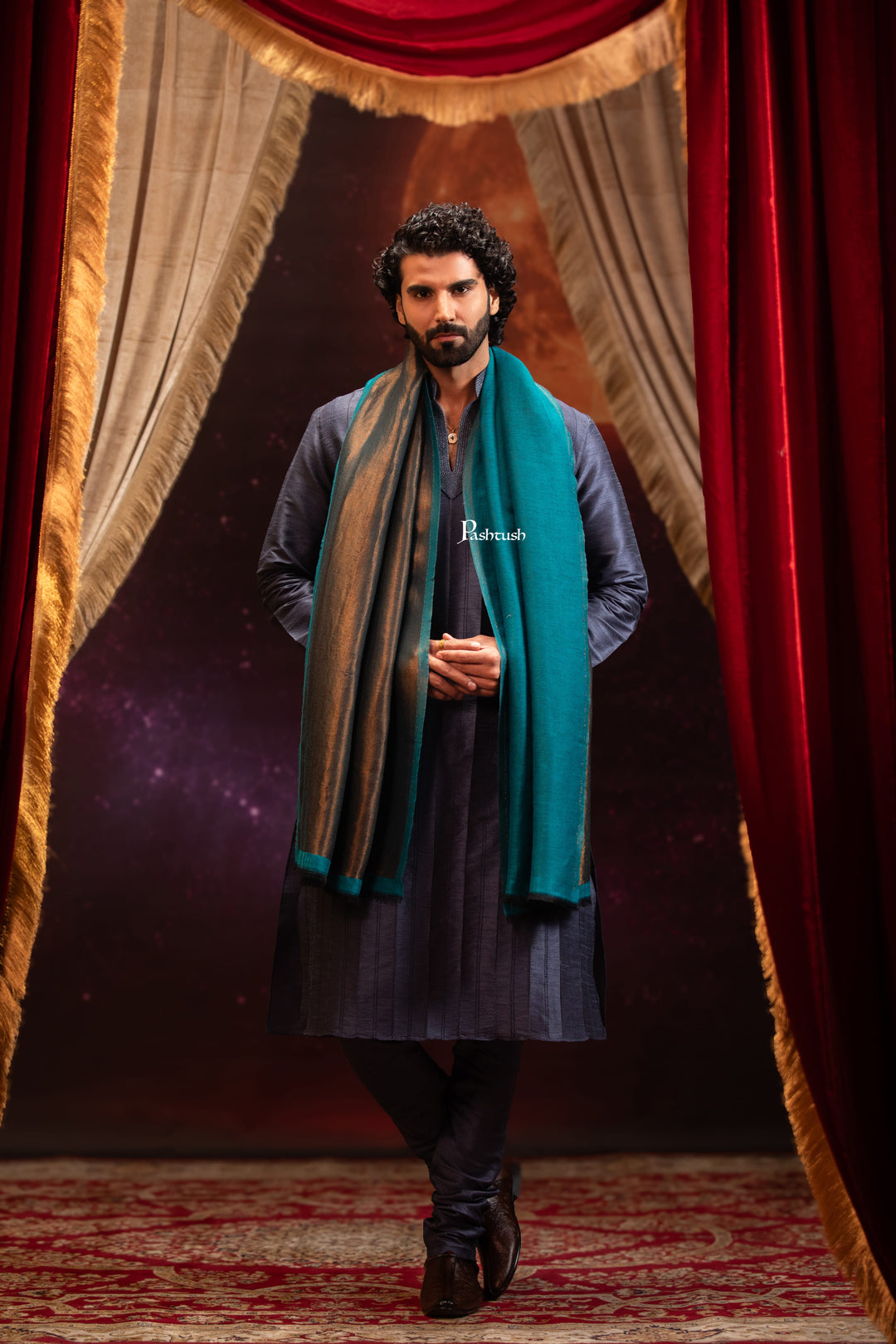 Pashtush India Mens Scarves Stoles and Mufflers Pashtush Mens Extra Fine Wool Stole, Twilight Design, Aqua Blue