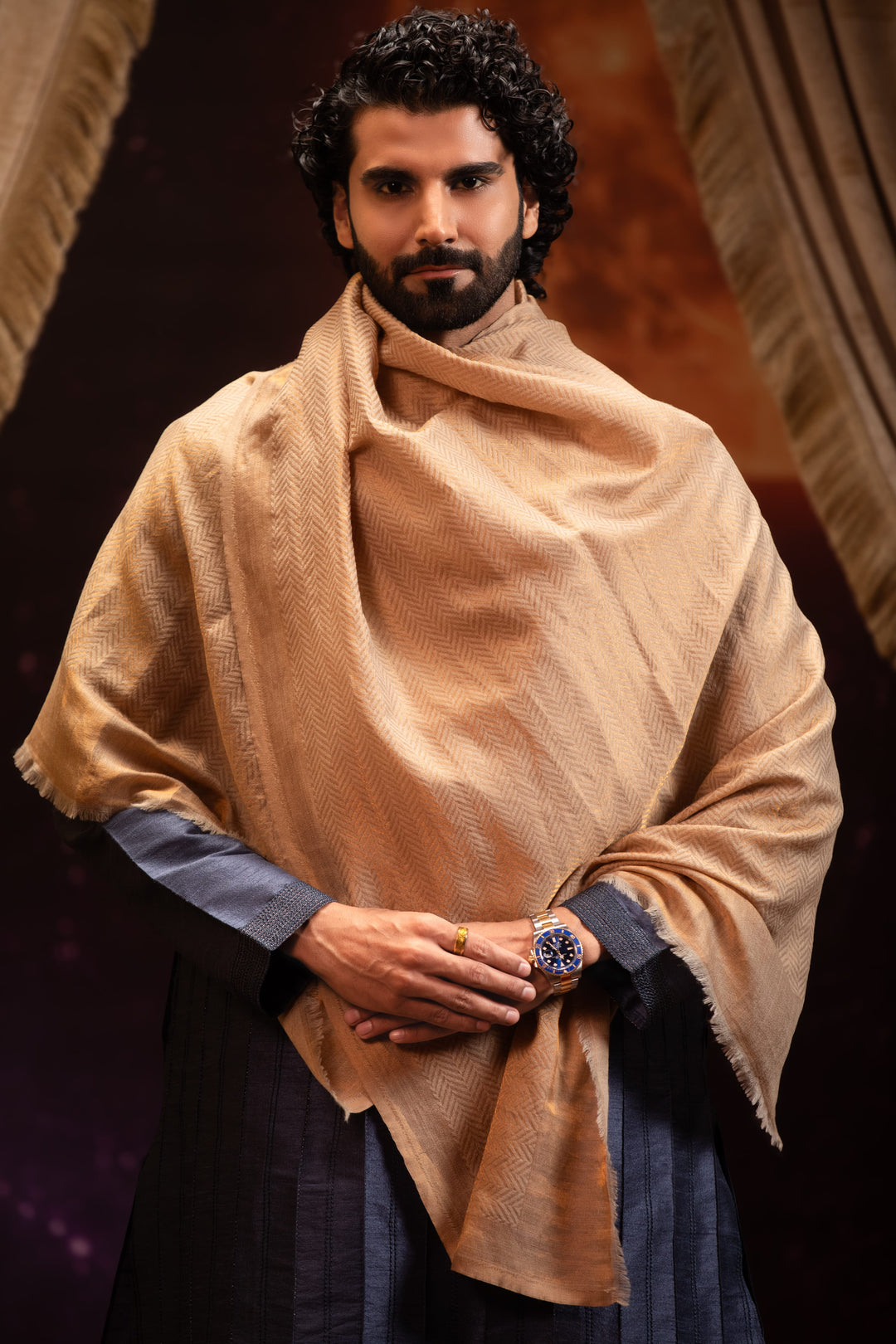 Pashtush India Mens Scarves Stoles and Mufflers Pashtush Mens Extra Fine Wool Stole, Twilight Design, Beige