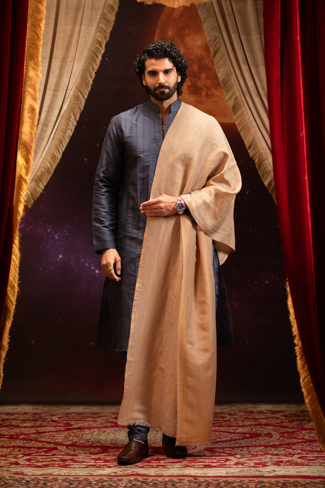 Pashtush India Mens Scarves Stoles and Mufflers Pashtush Mens Extra Fine Wool Stole, Twilight Design, Beige