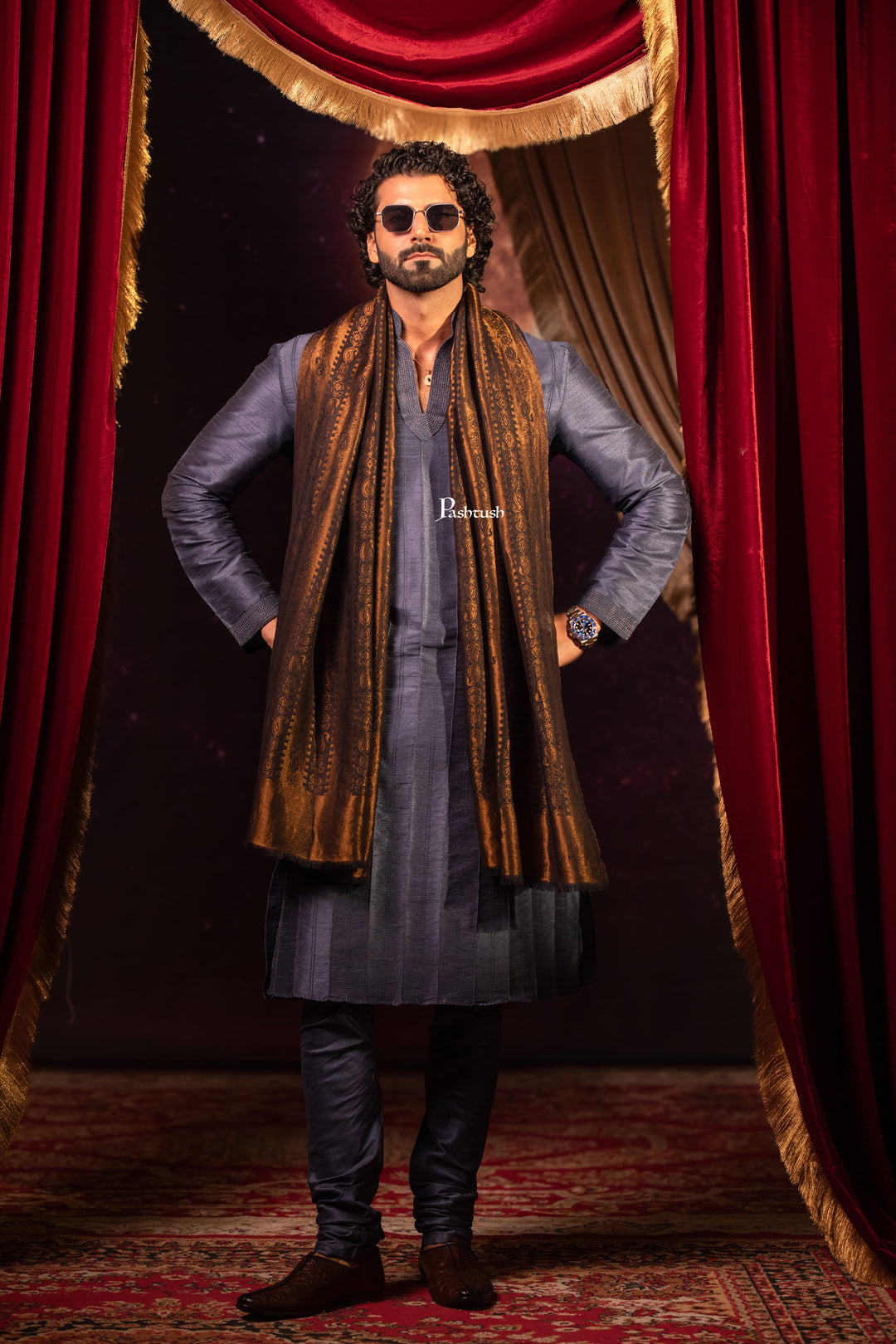 Pashtush India Mens Scarves Stoles and Mufflers Pashtush Mens Extra Fine Wool Stole, Twilight Design, Black and Gold