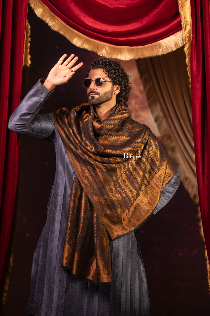 Pashtush India Mens Scarves Stoles and Mufflers Pashtush Mens Extra Fine Wool Stole, Twilight Design, Black and Gold