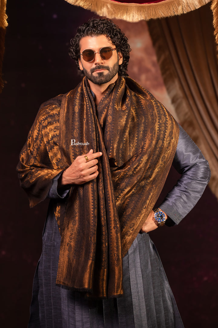 Pashtush India Mens Scarves Stoles and Mufflers Pashtush Mens Extra Fine Wool Stole, Twilight Design, Black and Gold