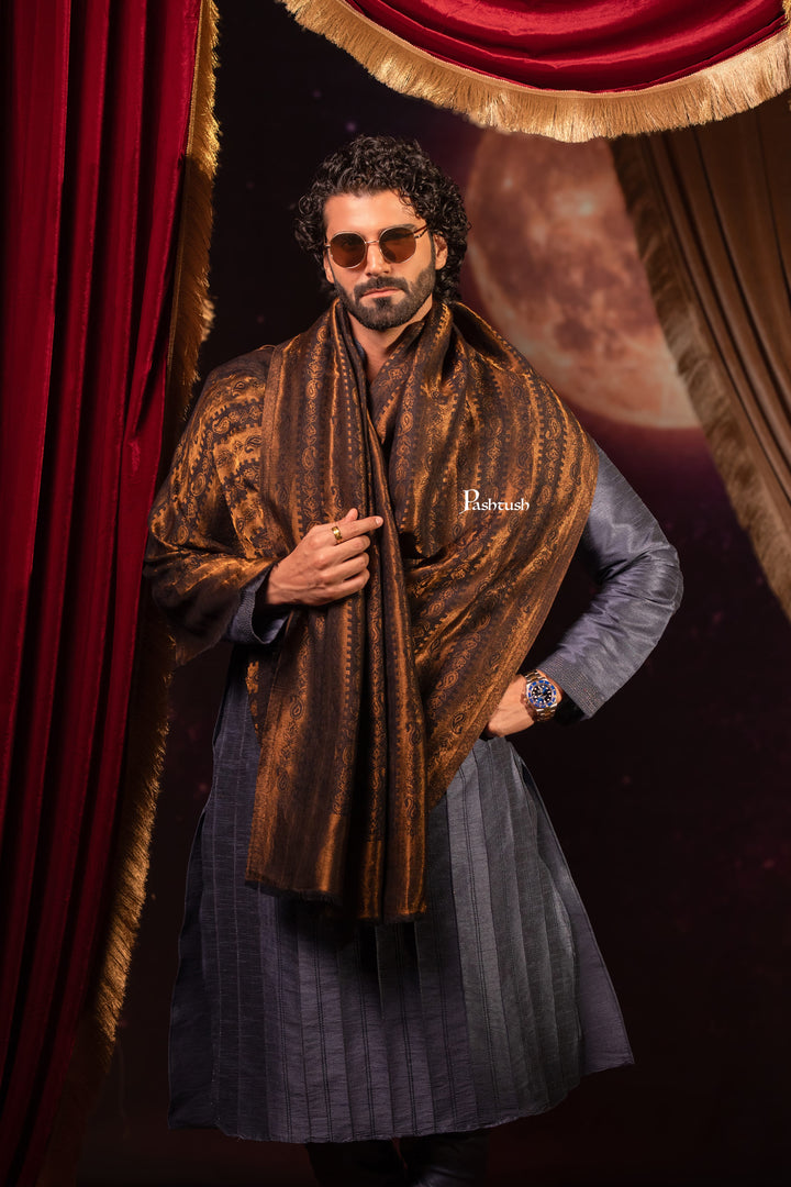 Pashtush India Mens Scarves Stoles and Mufflers Pashtush Mens Extra Fine Wool Stole, Twilight Design, Black and Gold