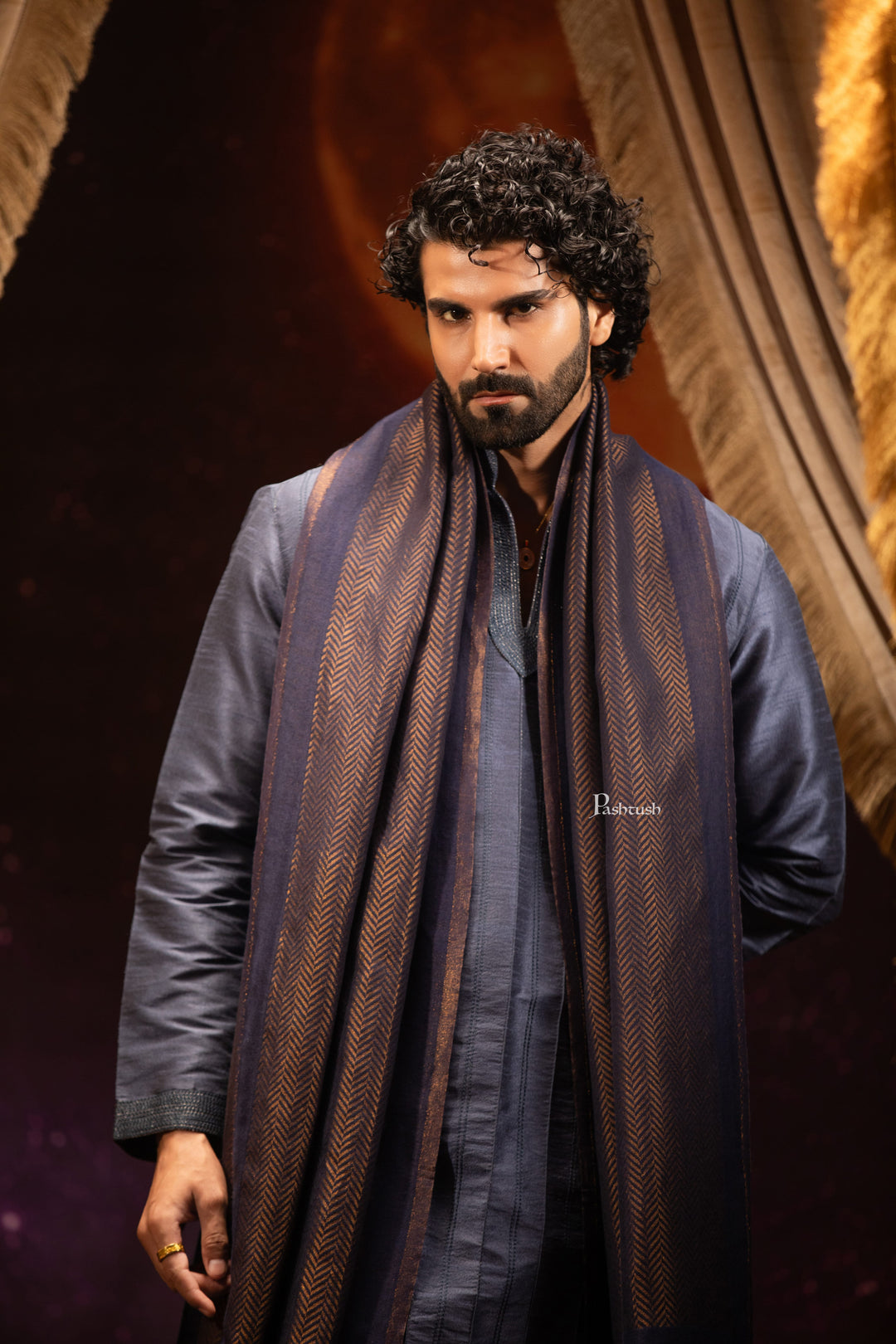 Pashtush India Mens Scarves Stoles and Mufflers Pashtush Mens Extra Fine Wool Stole, Twilight Design, Blue And Gold