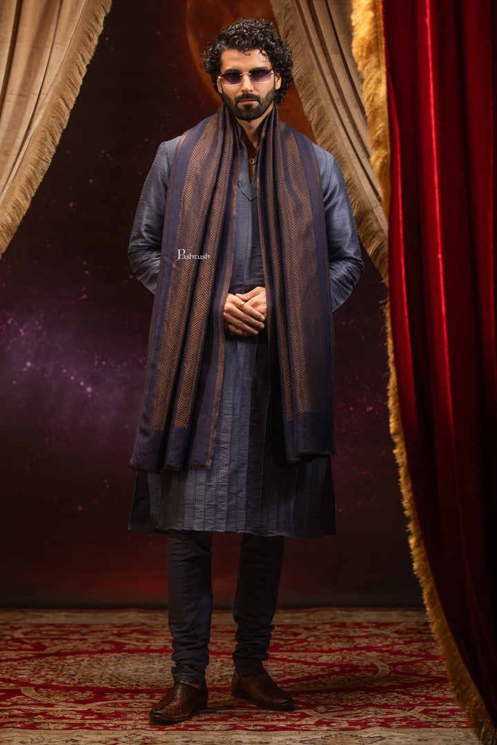 Pashtush India Mens Scarves Stoles and Mufflers Pashtush Mens Extra Fine Wool Stole, Twilight Design, Blue And Gold
