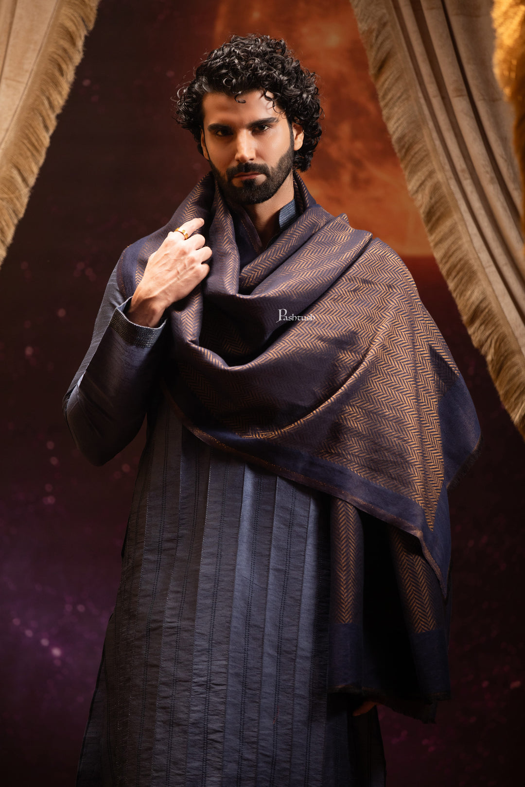 Pashtush India Mens Scarves Stoles and Mufflers Pashtush Mens Extra Fine Wool Stole, Twilight Design, Blue And Gold