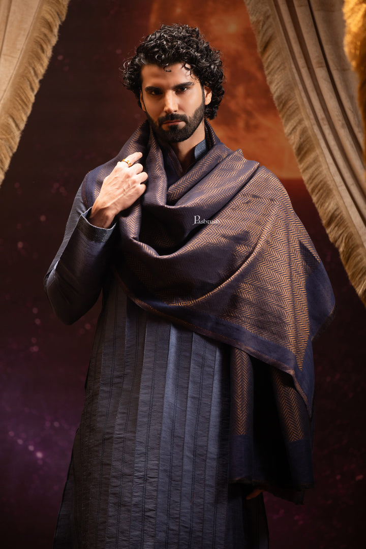 Pashtush India Mens Scarves Stoles and Mufflers Pashtush Mens Extra Fine Wool Stole, Twilight Design, Blue And Gold