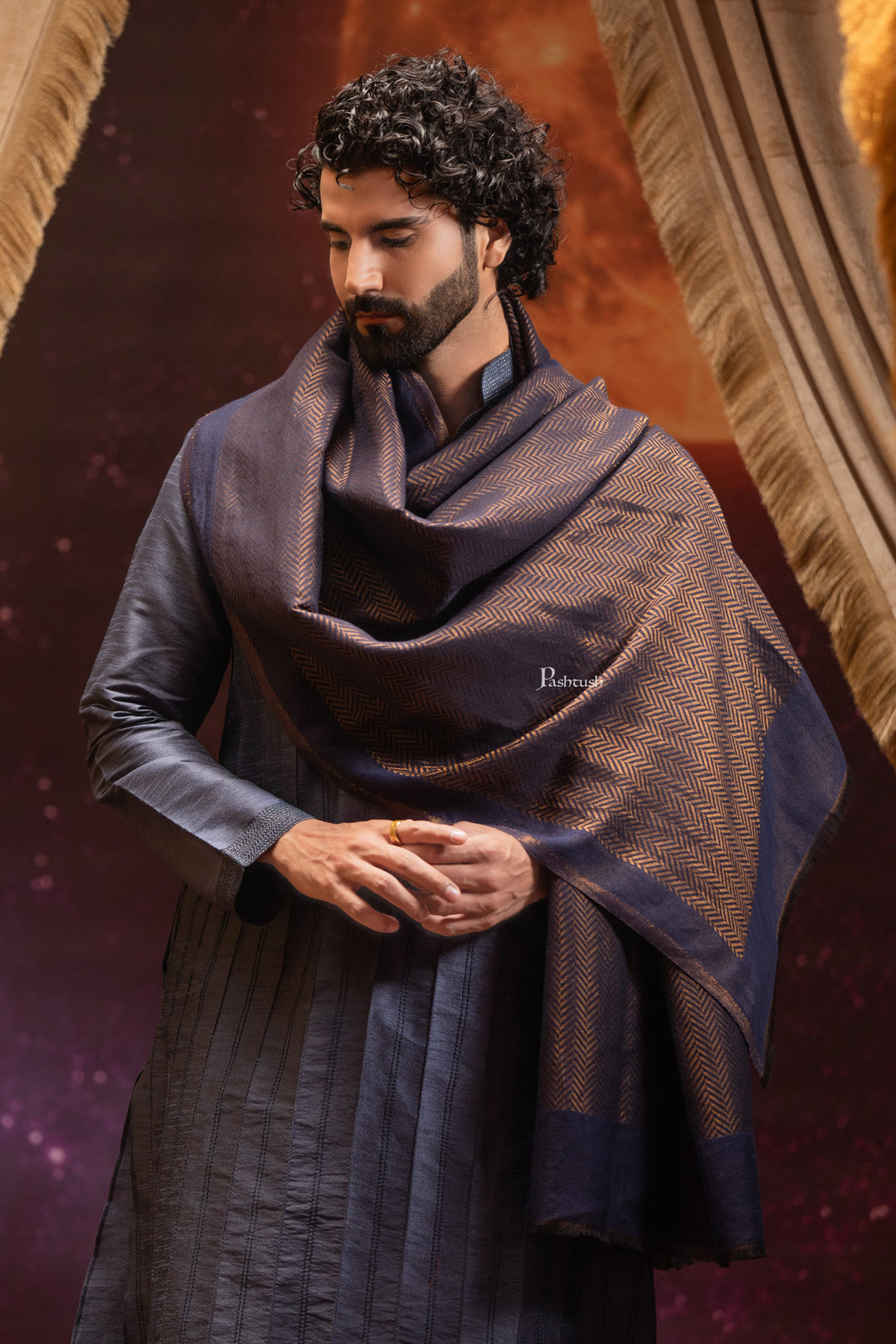 Pashtush India Mens Scarves Stoles and Mufflers Pashtush Mens Extra Fine Wool Stole, Twilight Design, Blue And Gold