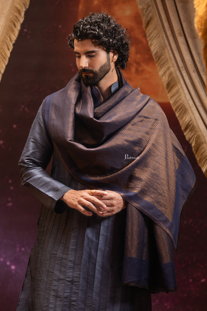 Pashtush India Mens Scarves Stoles and Mufflers Pashtush Mens Extra Fine Wool Stole, Twilight Design, Blue And Gold
