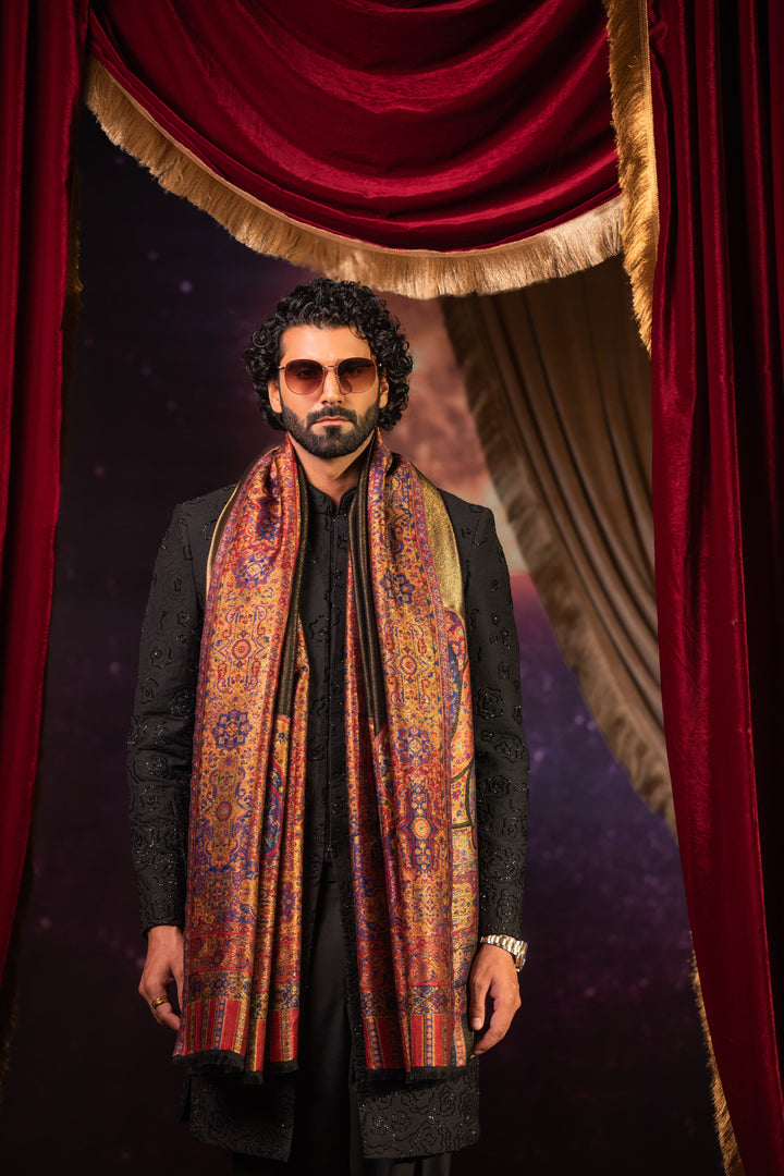 Pashtush India Mens Scarves Stoles and Mufflers Pashtush Mens Extra Fine Wool Stole, Twilight Design, Reversible, Multicolour