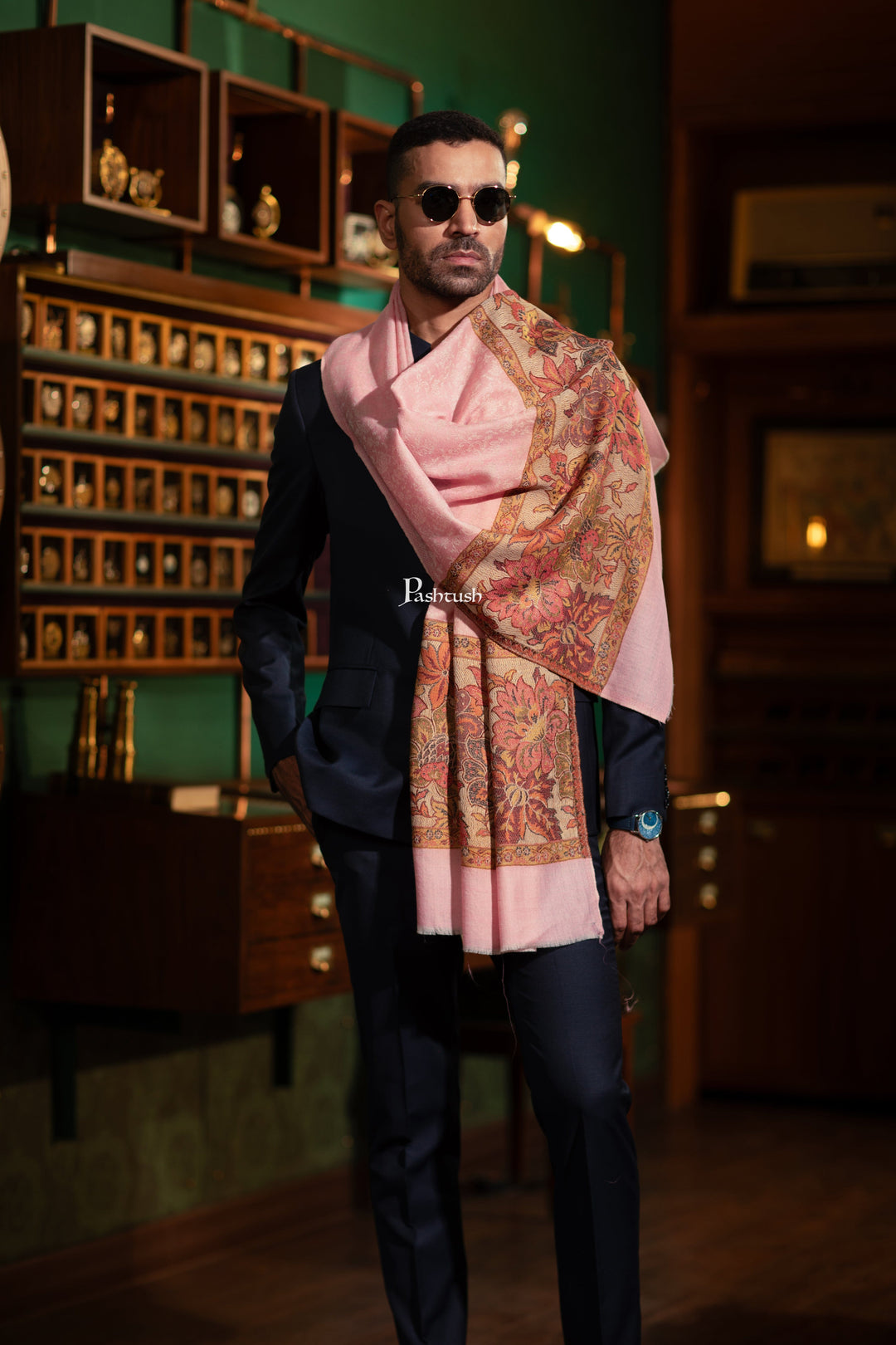 Pashtush India Mens Scarves Stoles and Mufflers Pashtush Mens Extra Fine Wool Stole, Woven Design, Salmon