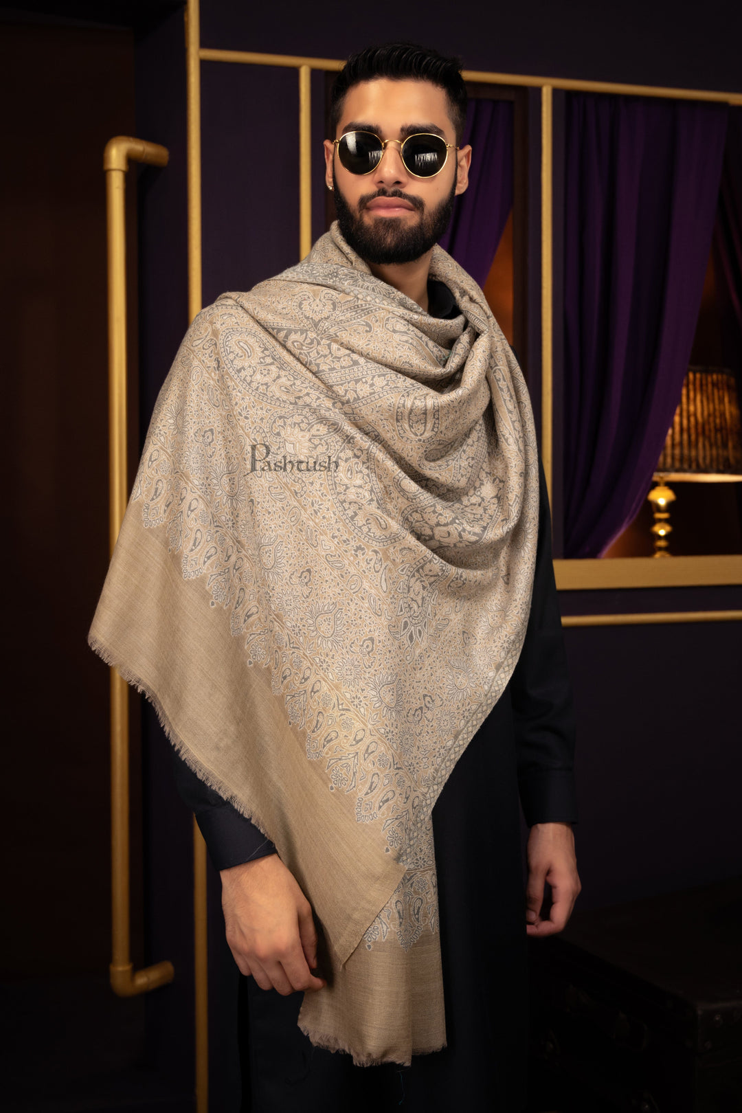 Pashtush India Mens Scarves Stoles and Mufflers Pashtush Mens Extra Fine Wool Stole, Woven Paisley  Design, Taupe