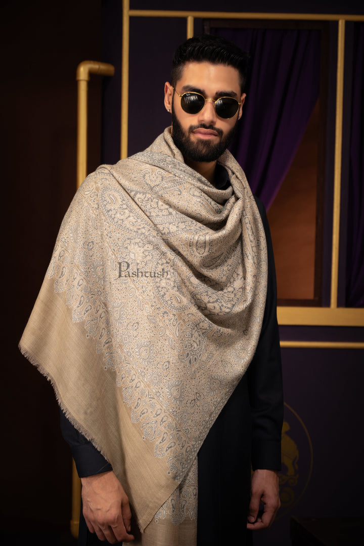 Pashtush India Mens Scarves Stoles and Mufflers Pashtush Mens Extra Fine Wool Stole, Woven Paisley  Design, Taupe