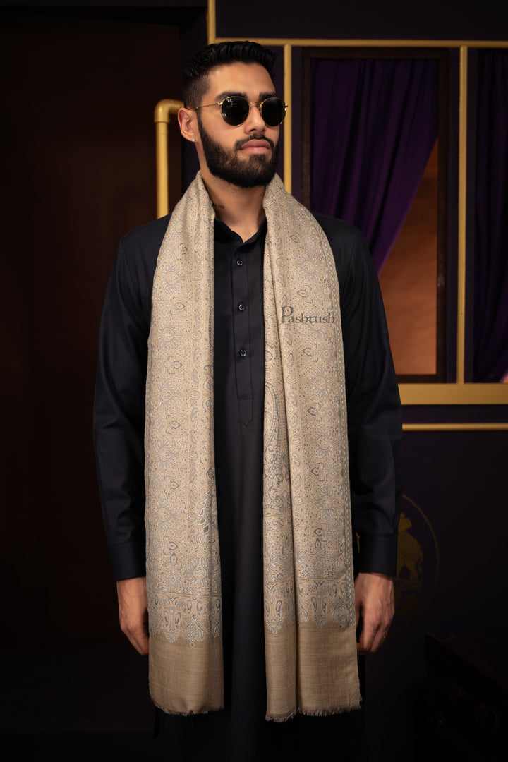 Pashtush India Mens Scarves Stoles and Mufflers Pashtush Mens Extra Fine Wool Stole, Woven Paisley  Design, Taupe