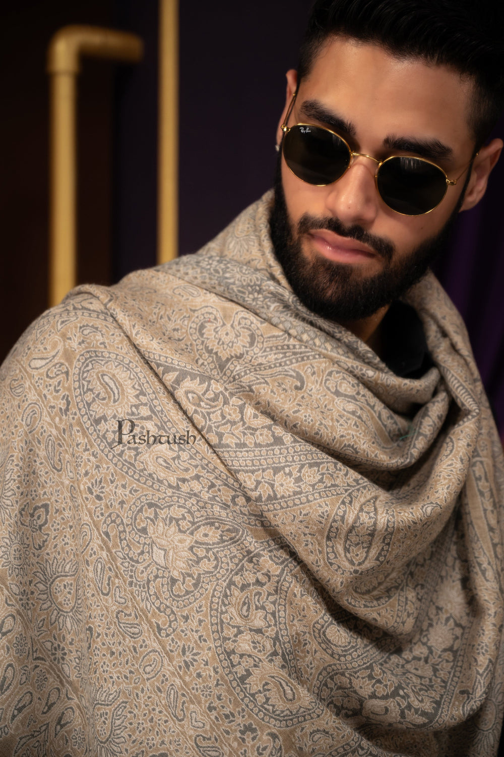 Pashtush India Mens Scarves Stoles and Mufflers Pashtush Mens Extra Fine Wool Stole, Woven Paisley  Design, Taupe