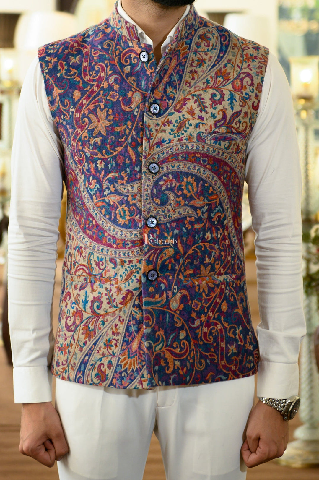 Pashtush India Coats & Jackets Pashtush Mens Faux Pashmina Jacket, Antique Design, Beige and Blue