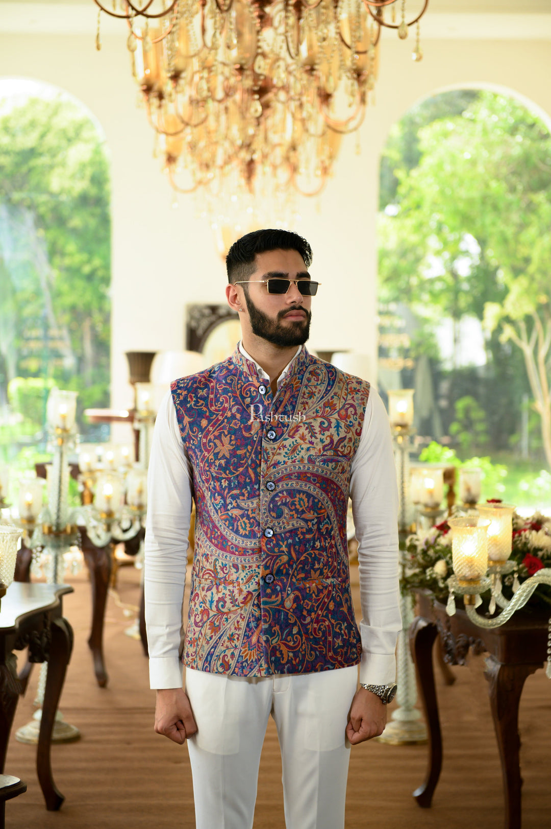 Pashtush India Coats & Jackets Pashtush Mens Faux Pashmina Jacket, Antique Design, Beige and Blue