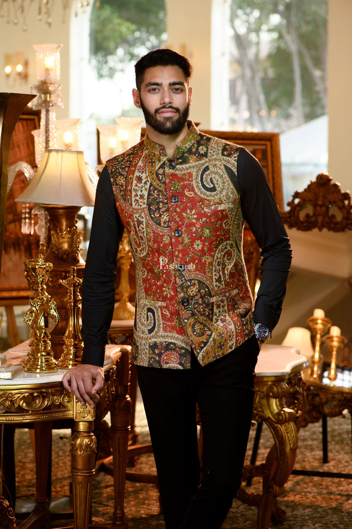 Pashtush India Coats & Jackets Pashtush Mens Faux Pashmina Jacket, Antique Design, Multicolour