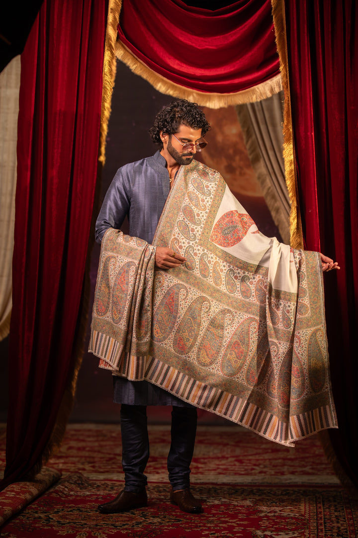 Pashtush India Mens Shawls Gents Shawl Pashtush Mens Faux Pashmina Shawl, Paisley Palla Design, Ivory