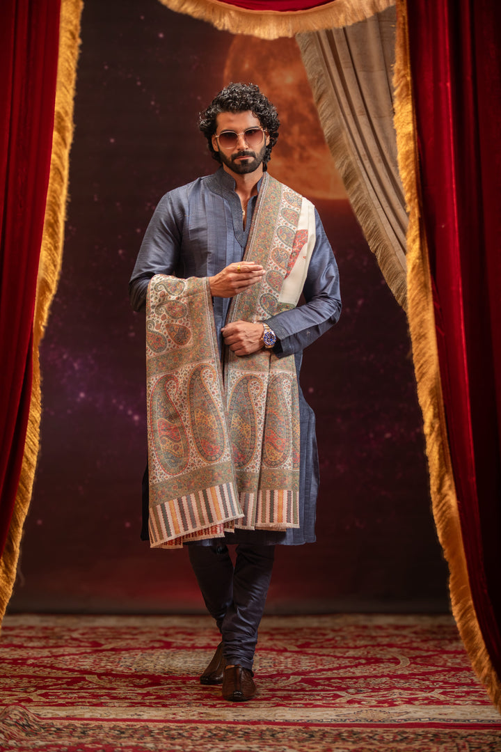 Pashtush India Mens Shawls Gents Shawl Pashtush Mens Faux Pashmina Shawl, Paisley Palla Design, Ivory