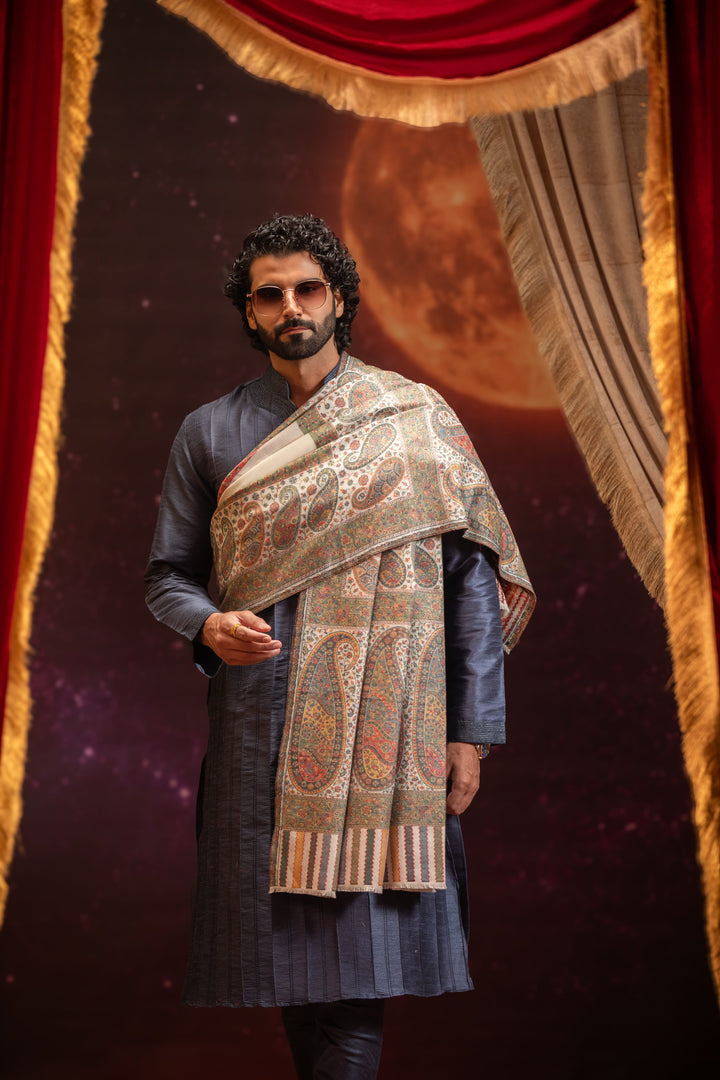 Pashtush India Mens Shawls Gents Shawl Pashtush Mens Faux Pashmina Shawl, Paisley Palla Design, Ivory