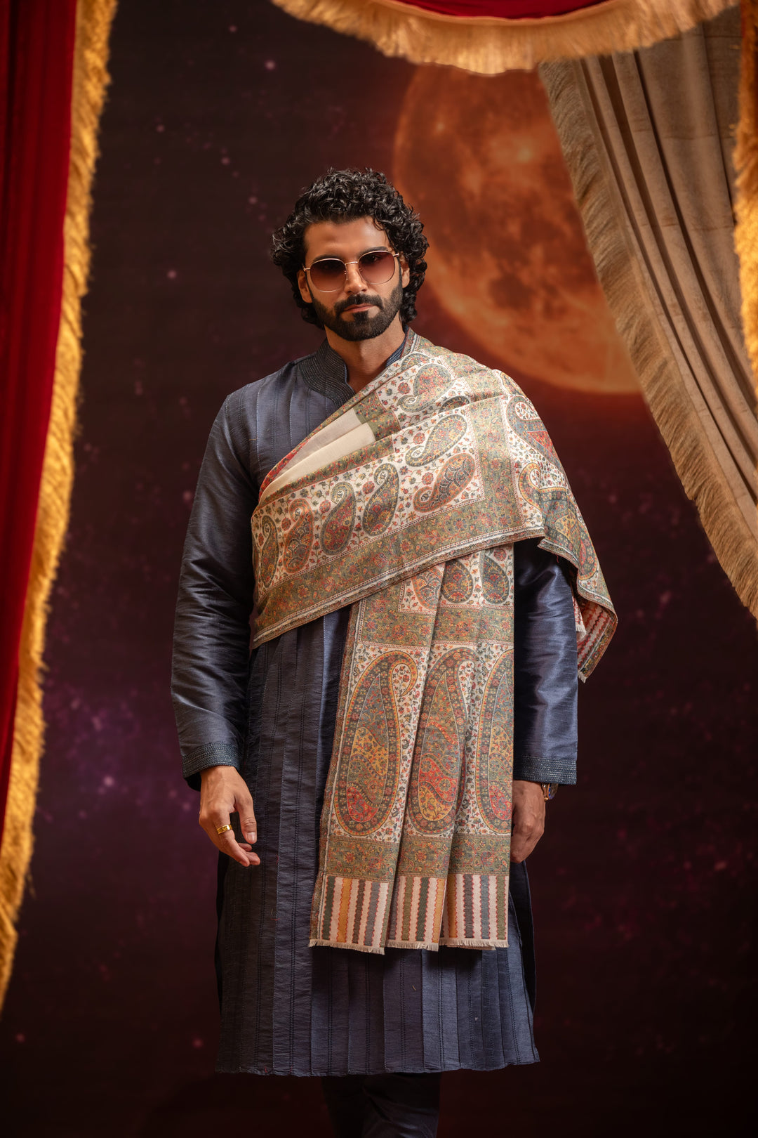 Pashtush India Mens Shawls Gents Shawl Pashtush Mens Faux Pashmina Shawl, Paisley Palla Design, Ivory