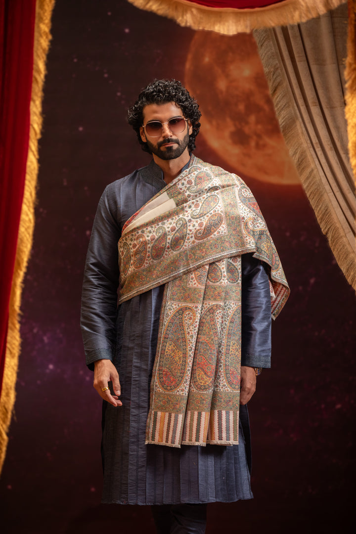 Pashtush India Mens Shawls Gents Shawl Pashtush Mens Faux Pashmina Shawl, Paisley Palla Design, Ivory
