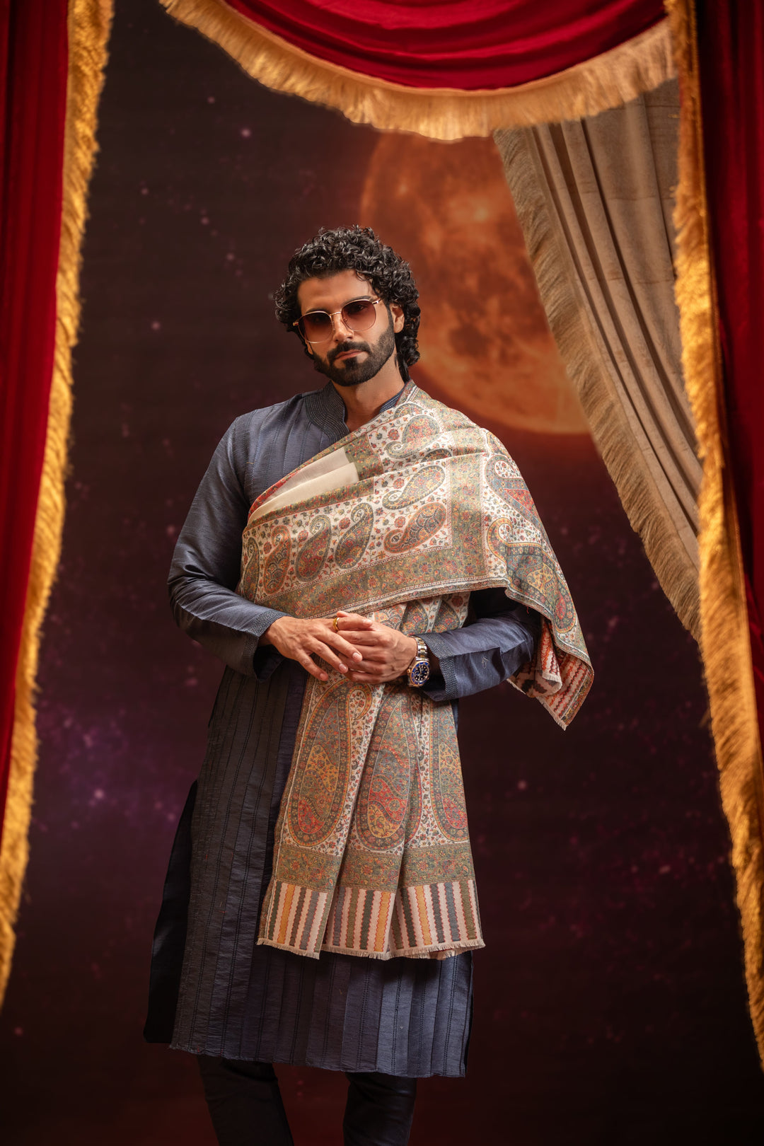 Pashtush India Mens Shawls Gents Shawl Pashtush Mens Faux Pashmina Shawl, Paisley Palla Design, Ivory