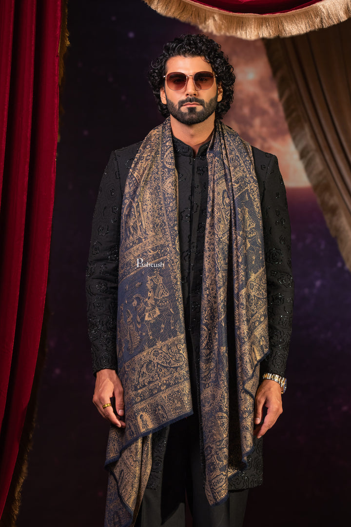 Pashtush India Mens Scarves Stoles and Mufflers Pashtush Mens Faux Pashmina Stole, Darbar Design, Navy Blue
