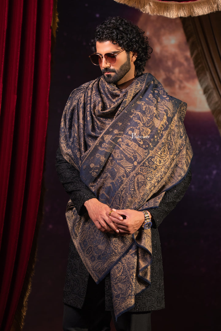 Pashtush India Mens Scarves Stoles and Mufflers Pashtush Mens Faux Pashmina Stole, Darbar Design, Navy Blue