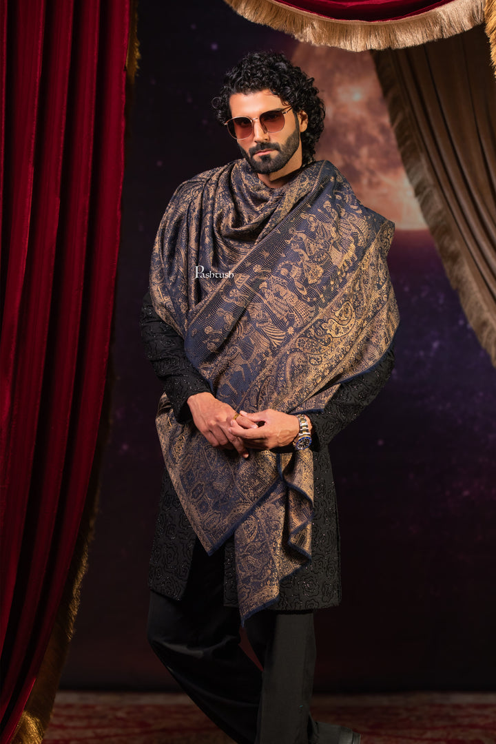 Pashtush India Mens Scarves Stoles and Mufflers Pashtush Mens Faux Pashmina Stole, Darbar Design, Navy Blue
