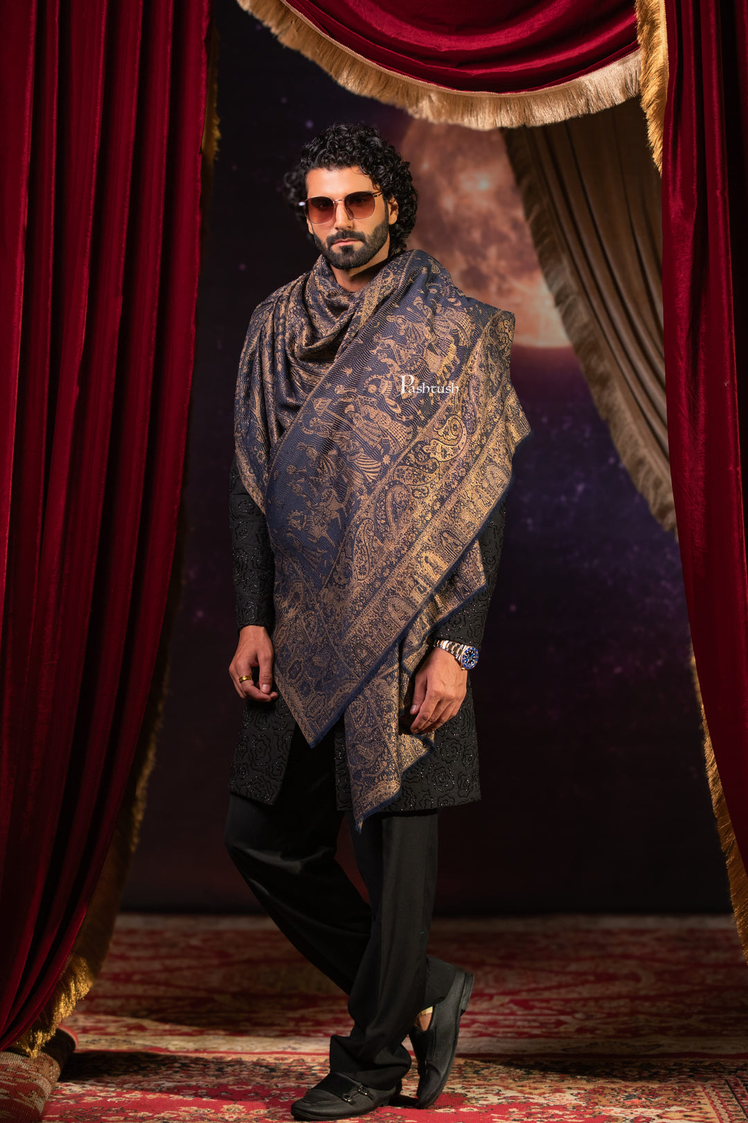 Pashtush India Mens Scarves Stoles and Mufflers Pashtush Mens Faux Pashmina Stole, Darbar Design, Navy Blue