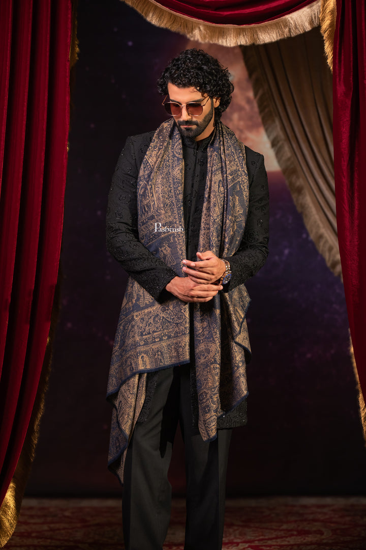 Pashtush India Mens Scarves Stoles and Mufflers Pashtush Mens Faux Pashmina Stole, Darbar Design, Navy Blue