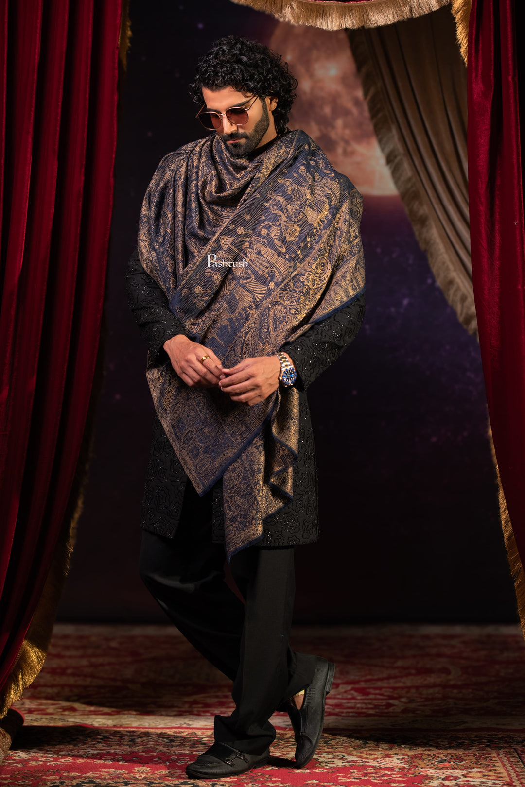 Pashtush India Mens Scarves Stoles and Mufflers Pashtush Mens Faux Pashmina Stole, Darbar Design, Navy Blue