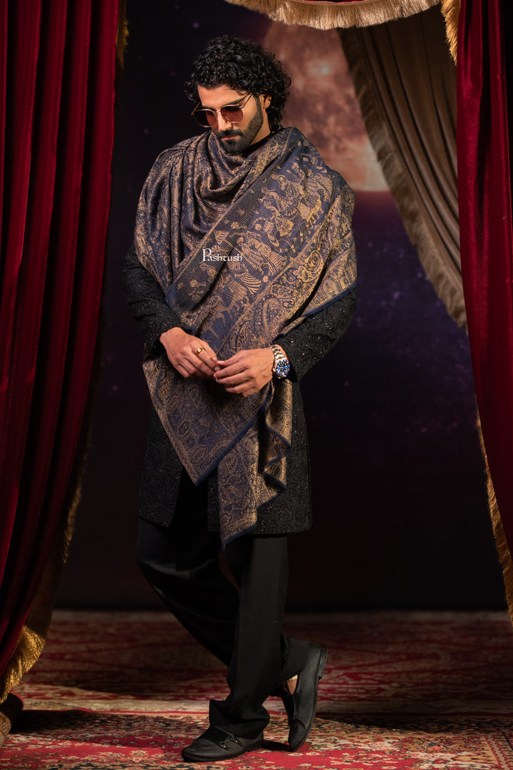 Pashtush India Mens Scarves Stoles and Mufflers Pashtush Mens Faux Pashmina Stole, Darbar Design, Navy Blue