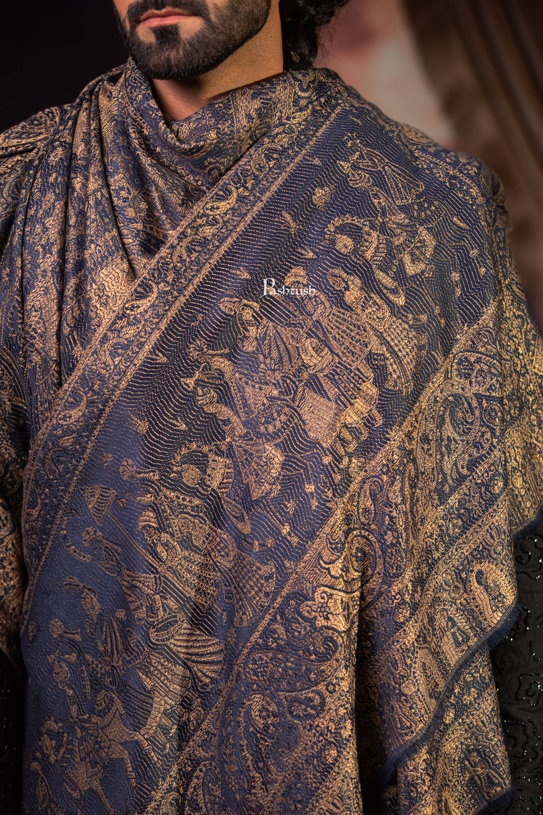 Pashtush India Mens Scarves Stoles and Mufflers Pashtush Mens Faux Pashmina Stole, Darbar Design, Navy Blue