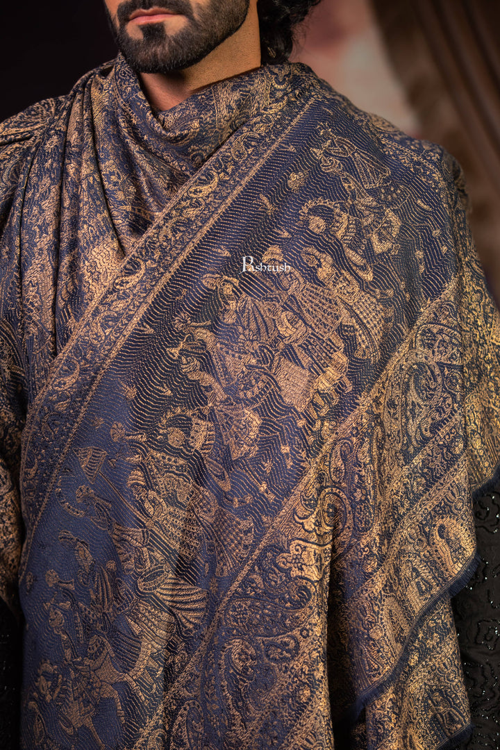 Pashtush India Mens Scarves Stoles and Mufflers Pashtush Mens Faux Pashmina Stole, Darbar Design, Navy Blue