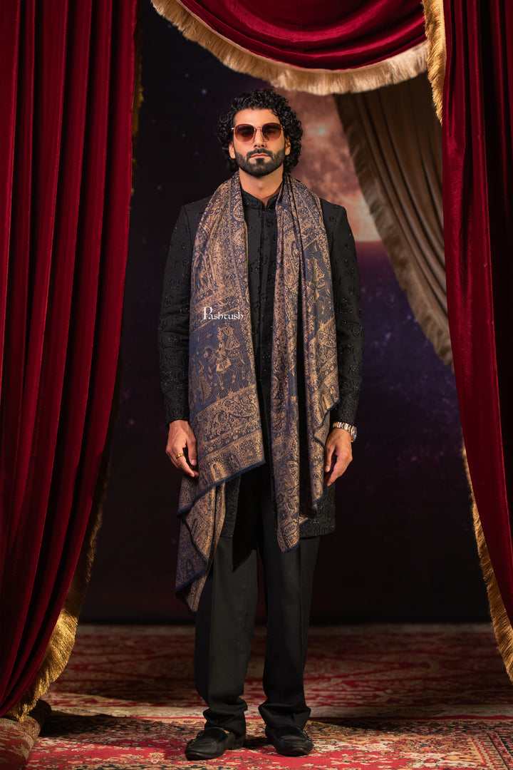 Pashtush India Mens Scarves Stoles and Mufflers Pashtush Mens Faux Pashmina Stole, Darbar Design, Navy Blue