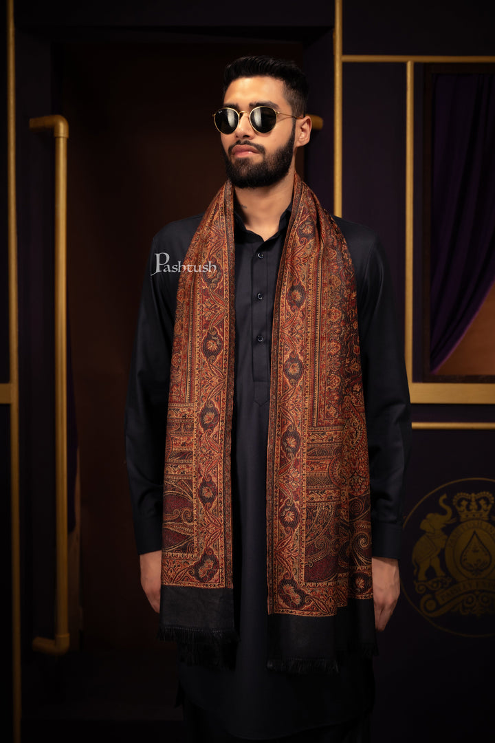 Pashtush India Mens Stoles and Scarves Scarf Pashtush Mens Faux Pashmina Stole, Jamawar Design, Black