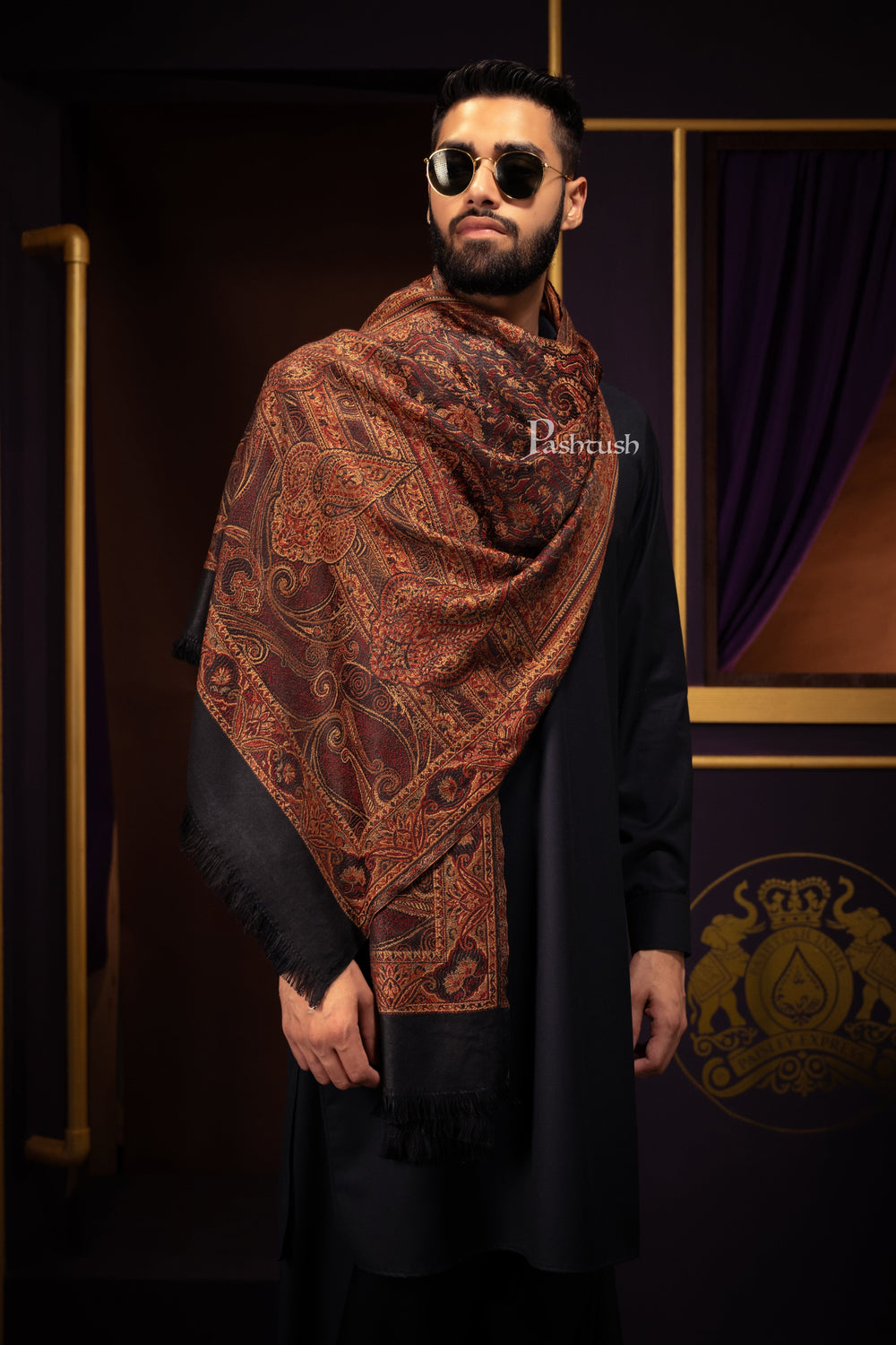 Pashtush India Mens Stoles and Scarves Scarf Pashtush Mens Faux Pashmina Stole, Jamawar Design, Black