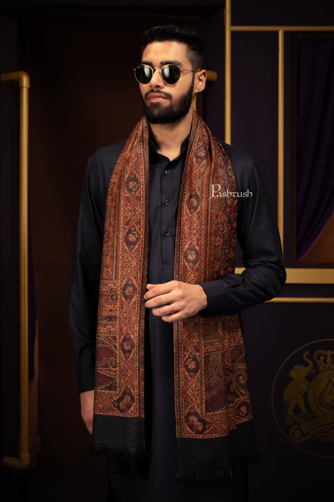 Pashtush India Mens Stoles and Scarves Scarf Pashtush Mens Faux Pashmina Stole, Jamawar Design, Black