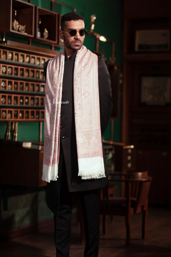 Pashtush India Mens Scarves Stoles and Mufflers Pashtush Mens Faux Pashmina Stole, Jamawar Design, Ivory