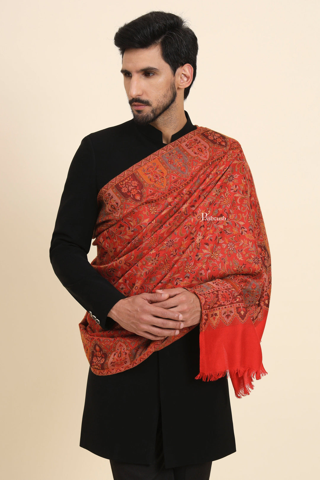 Pashtush India Mens Scarves Stoles and Mufflers Pashtush Mens Faux Pashmina Stole, Jamawar Design, Red