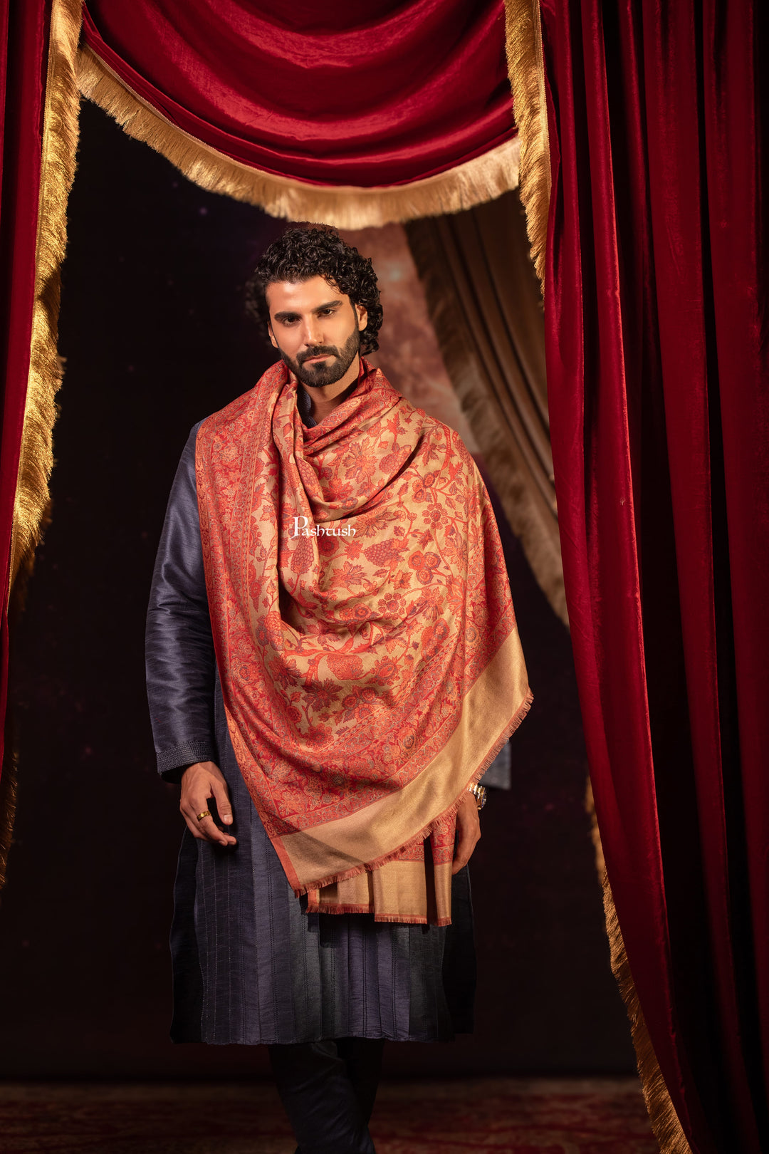 Pashtush India Mens Scarves Stoles and Mufflers Pashtush Mens Faux Pashmina Stole, Paisley Design, Red