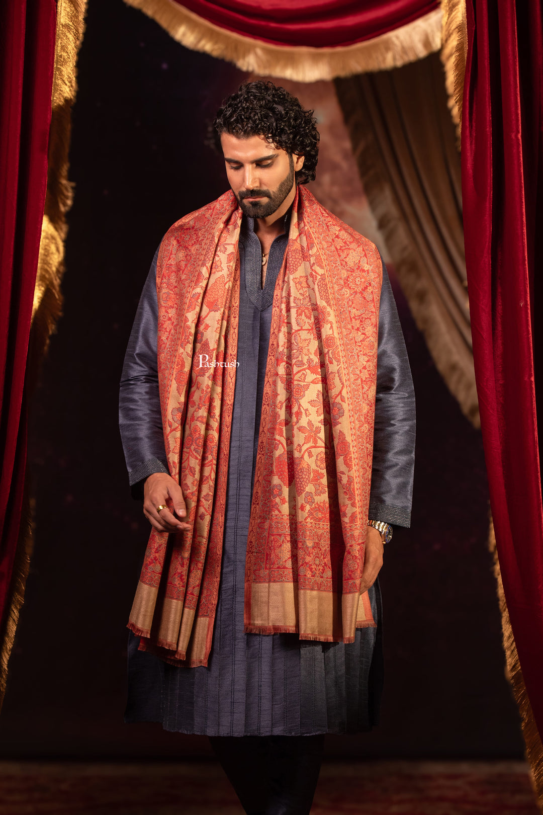 Pashtush India Mens Scarves Stoles and Mufflers Pashtush Mens Faux Pashmina Stole, Paisley Design, Red
